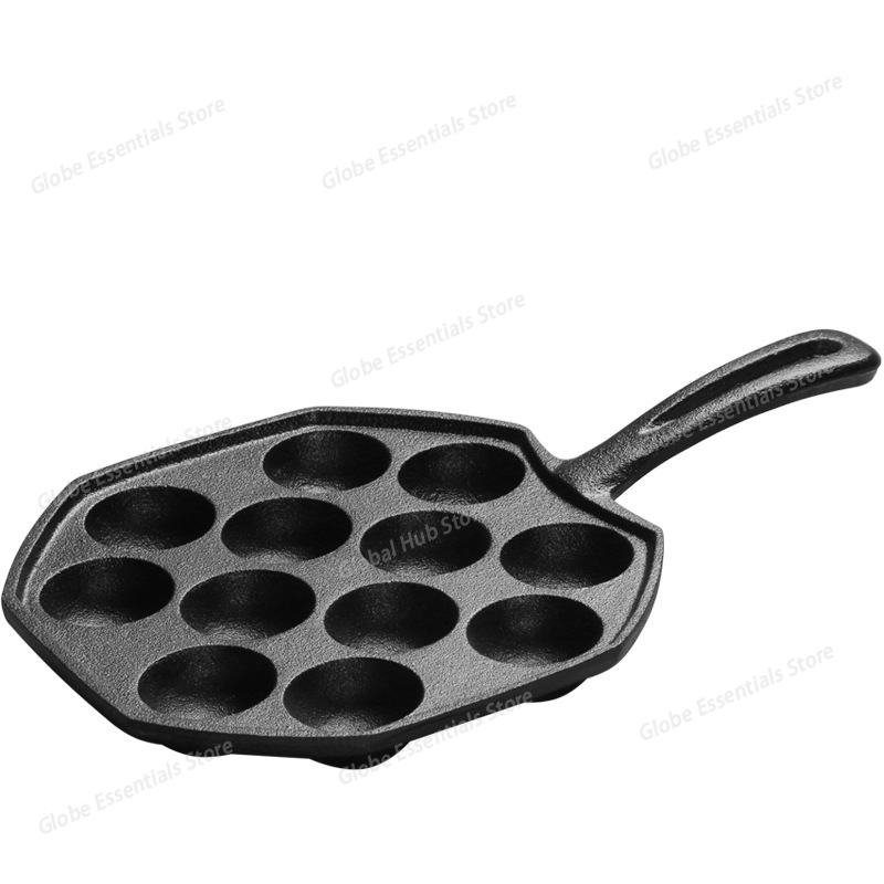 Takoyaki Pan Cast - 12 Delikli Takoyaki Tavası Ahşap Saplı